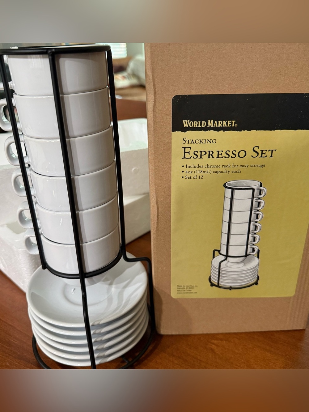 In Box World Market Espresso 6 Mug and 6 Saucer Set Chrome Stackable Rack